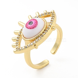 Cubic Zirconia Sun with Evil Eye Open Cuff Ring with Enamel, Real 18K Gold Plated Brass Jewelry for Women, Cadmium Free & Lead Free, Hot Pink, US Size 6(16.5mm)(RJEW-B042-08G-01)