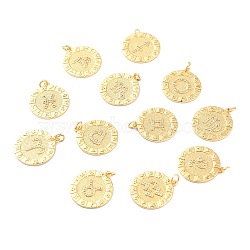 Brass Clear Cubic Zirconia Twelve Constellations Pendants, Long-Lasting Plated, with Jump Ring, Flat Round, Real 18K Gold Plated, 24x20.5x1.5mm, Hole: 3mm(KK-J276-13G)