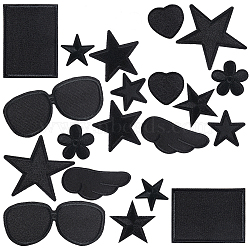 20pcs 10 style Star/Flower/Heart Iron on Cloth Patches, Applique Patch, Sewing Craft Decoration, Black, 19~70.5x33~86.5x0.7~2mm, 2pcs/style(PATC-GF0001-30)