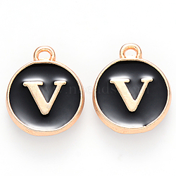 Golden Plated Alloy Charms, Cadmium Free & Lead Free, with Enamel, Enamelled Sequins, Flat Round with Letter, Black, Letter.V, 14x12x2mm, Hole: 1.5mm(ENAM-S118-02V)
