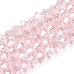 Transparent Electroplate Glass Beads Strands, Pearl Luster Plated, Faceted, Bicone, Misty Rose, 3x2.5mm, Hole: 0.7mm, about 162~185pcs/strand, 12.76~14.61 inch(32.4~37.1cm)(GLAA-F029-2mm-C26)