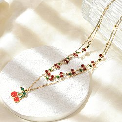 304 Stainless Steel Red Enamel Cherry Pendant Double Layer Necklaces, with Plastic and Epoxy Resin Beads, Golden, 15.94 inch(40.5cm)(NJEW-M091-03G)