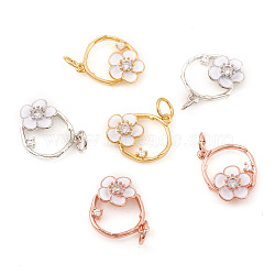 Brass Micro Pave Cubic Zirconia Charms, with Jump Rings and Enamel, Ring with Flower, Clear & White, Mixed Color, 13.5x13.5x3mm, Jump Ring: 5x0.6mm, Hole: 3.5mm(KK-I672-42)