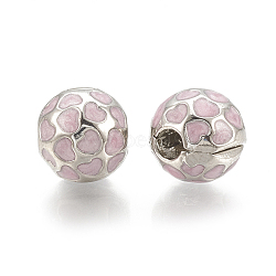 (Holiday Stock-Up Sale)Alloy European Clasps, Large Hole Beads, with Enamel, Rondelle with Heart, Platinum, Pearl Pink, 9x10x9.5mm, Hole: 3mm(PDLC-S001-02)