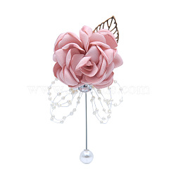 Silk Cloth Imitation Rose Corsage Boutonniere, with Plastic Beads, for Men or Bridegroom, Groomsmen, Wedding, Party Decorations, Pink, 120x70mm(HULI-PW0001-02E)