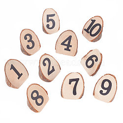 Rustic Table Number Display Kit, including 10Pcs Wooden Cutouts Ornaments, 1 Sheet Paper Stickers, Number 1~10, for Party, Wedding, Festival, BurlyWood, Wood: 3.5~4.1x3.5~4.3x3.1~3.6cm, Stickers: 30x3.7x0.05cm(DIY-WH0308-144)