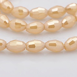 Pearl Luster Plated Imitation Jade Glass Faceted Rice Beads Strands, Bisque, 6x4mm, Hole: 1mm, about 72pcs/strand, 16 inch(GLAA-A030A-PL04)