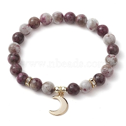 8mm Round Natural Plum Blossom Tourmaline Beaded Stretch Bracelets, Golden Plated 304 Stainless Steel Charm Bracelets for Women Men, Moon, Inner Diameter: 2-1/4 inch(5.6cm)(BJEW-JB10469-02)