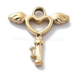 PVD Vacuum Plating 304 Stainless Steel Pendants, Heart Key with Wing Charm, Real 18K Gold Plated, 18x17.5x2.5mm, Hole: 2.5mm(STAS-R130-31G)