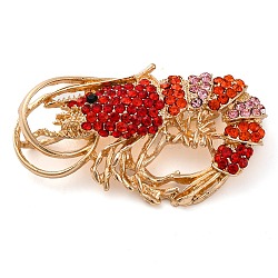 Animal Zinc Alloy Rhinestone Brooches, Shrimp, 31x53mm(JEWB-R052-01G)