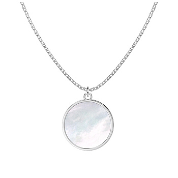 Rhodium Plated 925 Sterling Silver Cable Chain Necklaces, Flat Rounnd White Shell Pendant Necklaces, Real Platinum Plated, 15.91 inch(40.4cm)