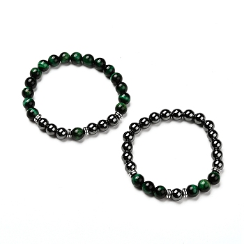 Natural Tiger Eye(Dyed) Beads Stretch Bracelets Set, with Non-Magnetic Synthetic Hematite Beads, Green, Inner Diameter: 2 inch(5.1cm), 2pcs/set