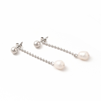 304 Stainless Steel Ball Chain Stud Earrings, Pearl Dangel Earrings for Women, Stainless Steel Color, 50mm, Pin: 0.6mm