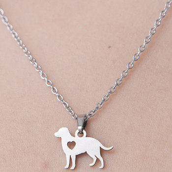 201 Stainless Steel Dog with Heart Pendant Necklace, Stainless Steel Color, 17.72 inch(45cm)