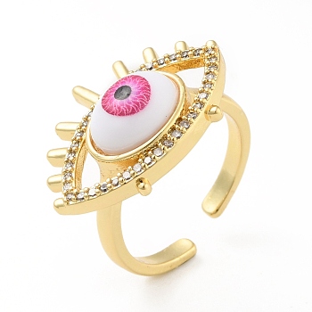 Cubic Zirconia Sun with Evil Eye Open Cuff Ring with Enamel, Real 18K Gold Plated Brass Jewelry for Women, Cadmium Free & Lead Free, Hot Pink, US Size 6(16.5mm)