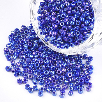 Opaque Glass Seed Beads, Rainbow Plated, Round, Blue, 4mm, Hole: 1.5mm, about 4500pcs/bag