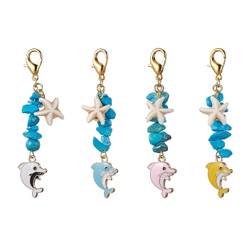 Dolphin Alloy Enamel Pendant Decorations, with Synthetic Turquoise Chip Beads and Alloy Lobster Claw Clasps, Mixed Color, 72mm