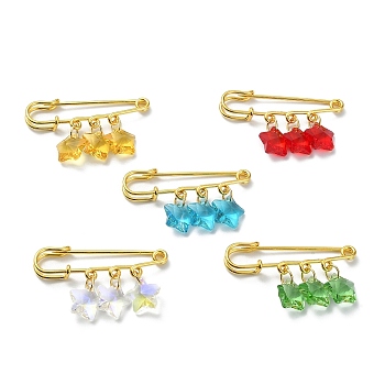 Golden Iron Brooches, Transparent Glass Pendant Kilt Pins, Star, Mixed Color, 28~30x50mm