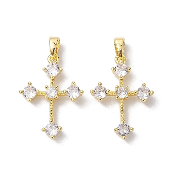 Brass Micro Pave Clear Cubic Zirconia Pendants, Cross , Real 18K Gold Plated, 23x16.5x3.7mm, Hole: 5x2.8mm