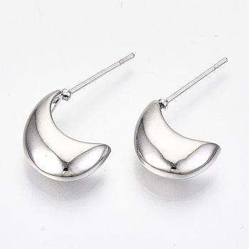 Brass Half Hoop Earrings, Crescent Moon Stud Earrings, Nickel Free, Real Platinum Plated, 20~24x12~14mm, Pin: 0.7mm