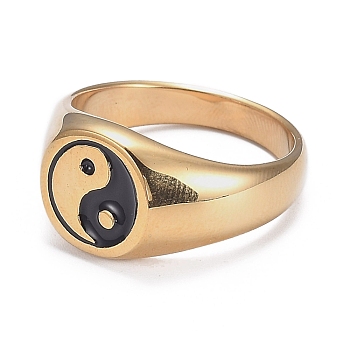 Ion Plating(IP) 304 Stainless Steel Finger Rings, Yin Yang Ring, with Enamel, Gossip, Real 18K Gold Plated, Size 8, Inner Diameter: 18.2mm