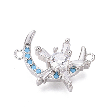 Brass Micro Pave Cubic Zirconia Links connectors, Star with Moon, Clear & Sky Blue, Platinum, 14.5x21x5mm, Hole: 1.4mm