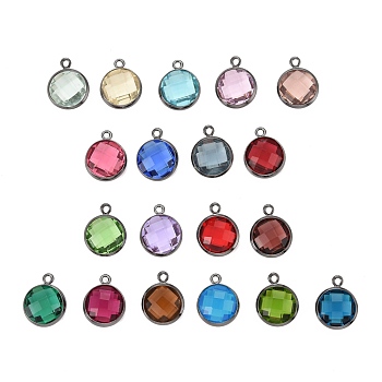Glass Charms, with Gunmetal Plated Brass Findings, Long-Lasting Plated, Lead Free & Nickel Free & Cadmium Free, Faceted Flat Round, Mixed Color, 13.5x11x5mm, Hole: 1.4mm