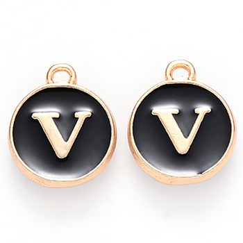 Golden Plated Alloy Charms, Cadmium Free & Lead Free, with Enamel, Enamelled Sequins, Flat Round with Letter, Black, Letter.V, 14x12x2mm, Hole: 1.5mm