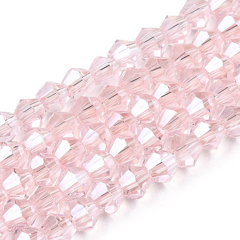 Transparent Electroplate Glass Beads Strands, Pearl Luster Plated, Faceted, Bicone, Misty Rose, 2.9~3.3x2.5mm, Hole: 0.7mm, about 145~150pcs/strand, 41.5~42cm