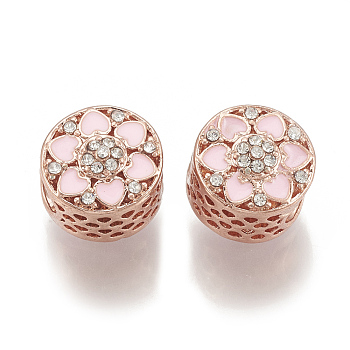 Alloy Rhinestone Beads, with Enamel, Hollow, Large Hole Beads, Flat Round with Flower, Rose Gold, 12x11.5x11.5mm, Hole: 5.5mm