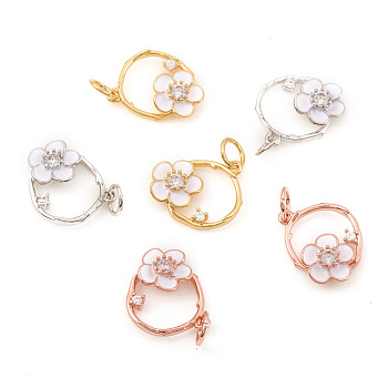 Brass Micro Pave Cubic Zirconia Charms, with Jump Rings and Enamel, Ring with Flower, Clear & White, Mixed Color, 13.5x13.5x3mm, Jump Ring: 5x0.6mm, Hole: 3.5mm