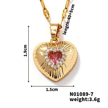 Brass Luxury Cubic Zirconia Heart Pendant Necklaces, Golden, Pink, 15.75 inch(40cm)