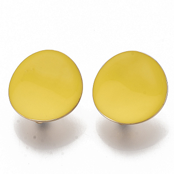 Light Gold Plated Iron Stud Earring Findings, with Enamel and Loop, Flat Round, Cadmium Free & Nickel Free & Lead Free, Yellow, 20.5mm, Hole: 4mm, Pin: 0.9mm