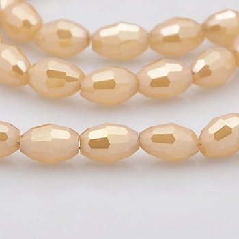 Pearl Luster Plated Imitation Jade Glass Faceted Rice Beads Strands, Bisque, 6x4mm, Hole: 1mm, about 72pcs/strand, 16 inch