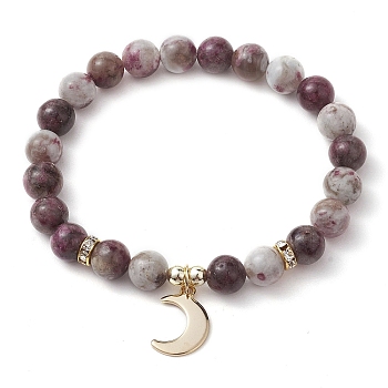 8mm Round Natural Plum Blossom Tourmaline Beaded Stretch Bracelets, Golden Plated 304 Stainless Steel Charm Bracelets for Women Men, Moon, Inner Diameter: 2-1/4 inch(5.6cm)