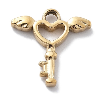 PVD Vacuum Plating 304 Stainless Steel Pendants, Heart Key with Wing Charm, Real 18K Gold Plated, 18x17.5x2.5mm, Hole: 2.5mm