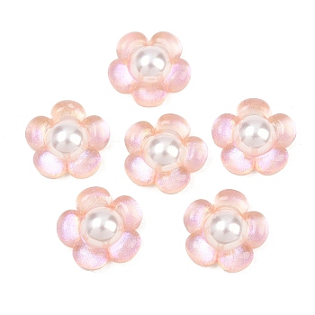 Translucent Epoxy Resin Cabochons, Flower, with ABS Plastic Imitation Pearl and Glitter Powder, Pearl Pink, 19x20x7mm