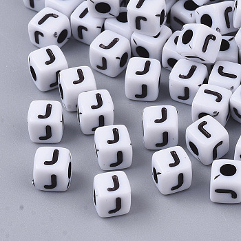 White Opaque Acrylic Beads, Horizontal Hole, Cube with Black Alphabet, Letter.J, 4~5x4~5x4~5mm, Hole: 1.8mm, about 6470~6500pcs/500g