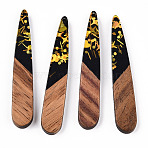 Opaque Resin & Walnut Wood Pendants, Teardrop Charms with Paillettes, Black, 44x7.5x3mm, Hole: 1.5mm(RESI-N039-40)