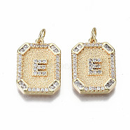 Brass Micro Pave Clear Cubic Zirconia Pendants, Nickel Free, Real 18K Gold Plated, Rounded Rectangle with Word, Letter.E, 19x14x2.5mm, Jump Ring: 5x0.7mm, 3mm inner diameter(KK-S356-234E-G-NF)
