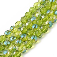 Transparent Electroplate Glass Beads Strands, Faceted(96 Facets), Round, Half Rainbow Plated, Yellow Green, 7.5~8x7mm, Hole: 1.2mm, about 70~72pcs/strand, 20.08~20.47 inch(51~52cm)(EGLA-F151-HR04)