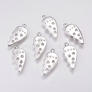 Brass Micro Pave Cubic Zirconia Charms, Wing, Real Platinum Plated, 19x8x1.5mm, Hole: 1mm(KK-A144-043P)