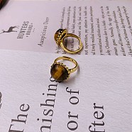 Natural Tiger Eye Half Round Adjustable Ring, Golden Brass Finger Ring, Golden, Inner Diameter: 18mm(PW-WG44366-01)