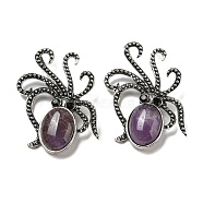 Natural Amethyst Octopus Brooch, Alloy Pave Jet Rhinestone Sea Animal Pins, Antique Silver, 52.5~53x36.5x8~9mm, Hole: 7x4mm(G-Z050-01D)