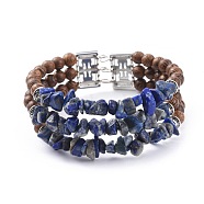 Three Loops Natural Lapis Lazuli Chip Beads Wrap Bracelets, with Wood Beads, Alloy Findings and Steel Bracelet Memory Wire, 2-1/8 inch(5.4cm)(BJEW-JB04657-01)