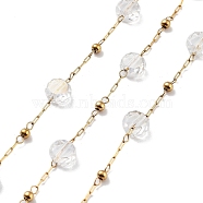 304 Stainless Steel Handmade Beaded Chain, with Electroplated Glass, with Spool, Soldered, Real 18K Gold Plated, Flat Round, Clear, 5.5x5.5x3.5mm, about 16.40 Feet(5m)/Roll(CHS-K019-03G-02)