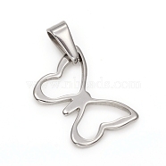 304 Stainless Steel Pendants, Butterfly, Stainless Steel Color, 20x20.5x1.5mm, Hole: 3.5x5.5mm(STAS-I136-18P)