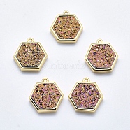 Druzy Resin Charms, with Golden Tone Brass Findings, Hexagon, Colorful, 14.5x14x4mm, Hole: 1mm(G-F551-A01)