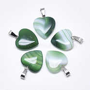 Natural Banded Agate/Striped Agate Pendants, Dyed, with Stainless Steel Snap On Bails, Heart, Stainless Steel Color, Green, 22~24x20~21x5~7mm, Hole: 3~4x7~8.5mm(G-T122-24C)