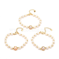 Natural Pearl Link Bracelets, Real 18K Gold Plated, with Brass Round Beads, Long-Lasting Plated, Mixed Color, 6-1/2x1/8 inch(16.5x0.3~1cm)(BJEW-D447-06G-01)